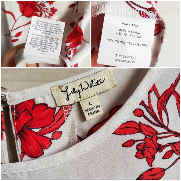 Lily White Bright Red Floral Pattern Keyhole Cut-out Boxy Business Casual Blouse - Picture 2 of 9